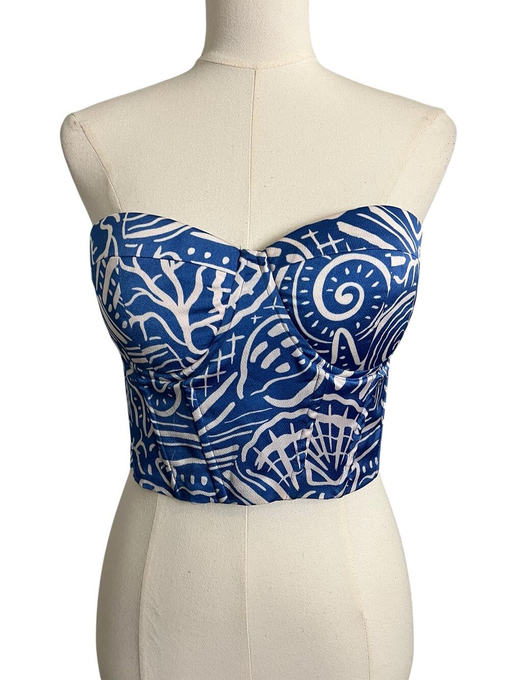 SHEIN Blue White Coastal Seashell Corset Tube Crop Top Lace Back Size L Mermaid